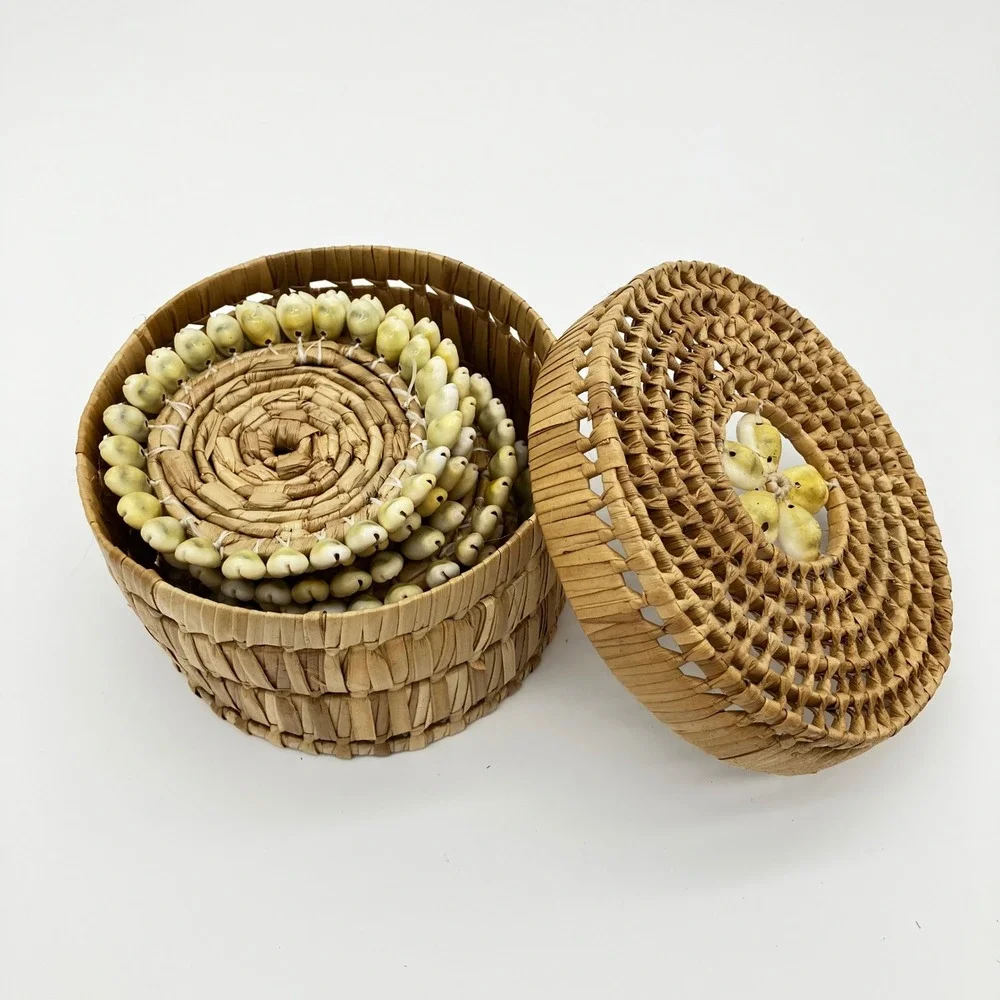 Woven Straw Coaster Set 6pc Natural Cowrie Shell Trim Boho Coastal